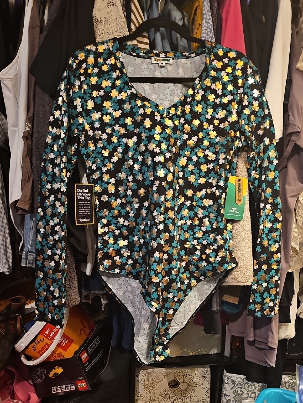 Tipsy Elves Black Lucky Clover Bidy Suit with Green & Gold Accents
